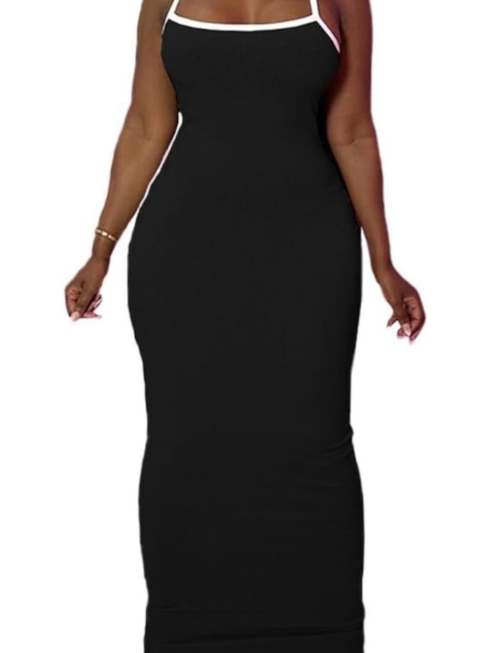 Black Ribbed Bodycon Maxi Dress with Contrast Trim